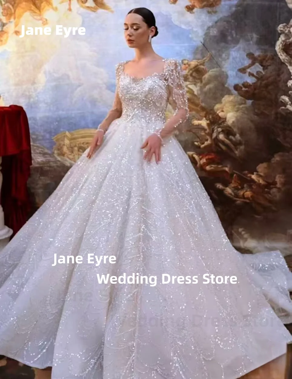Gaun Pengantin Mewah Jane Eyre dengan Payet Berkilau, Lengan Panjang, Model Court Gown, Custom Made, Sweetheart Robe De Mariée