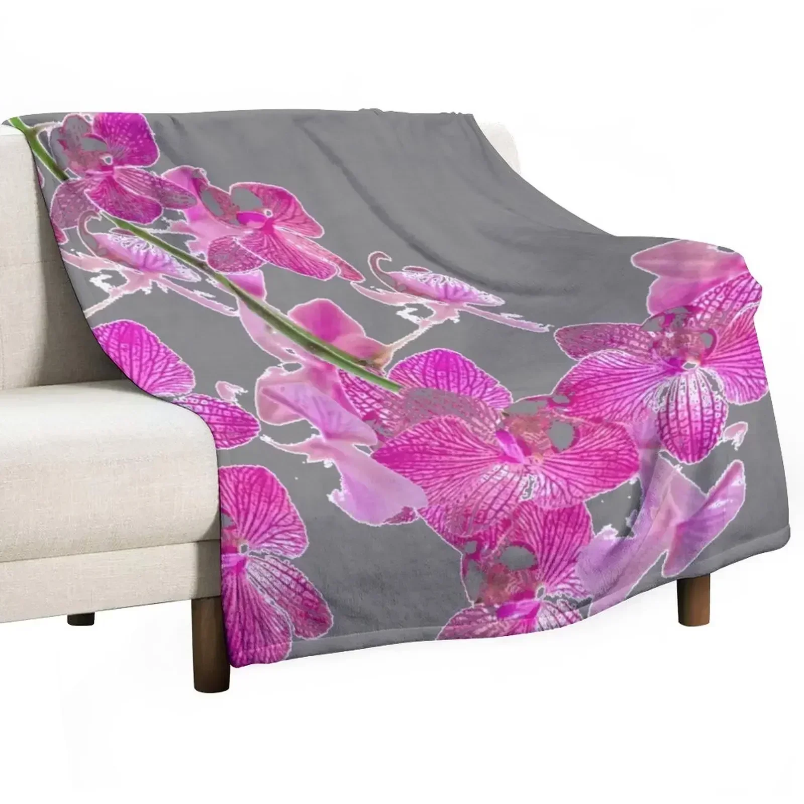 GREY TROPICAL FUCHSIA-PINK ORCHID FLOWERS ABSTRACT Throw Blanket Sofa Throw Multi-Purpose decorative Blankets