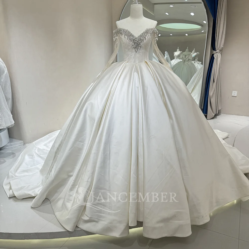 

First-rate Customized Gorgeous V-neck Long Sleeve Wedding Dress Satin Princess Sparkly Bridal Gowns Robe Vestidos De Novia