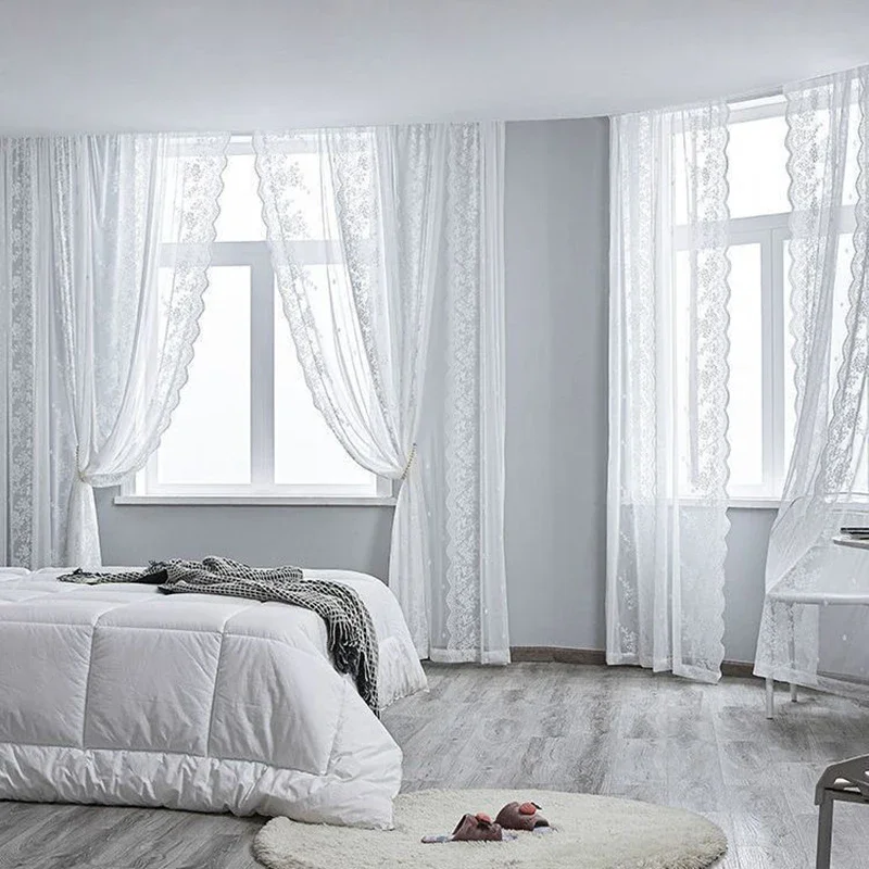 الفرنسية أنيقة الأبيض تول الستائر غرفة المعيشة الجانب الدانتيل الستائر لشرفة الزفاف الستائر # أ265 #4