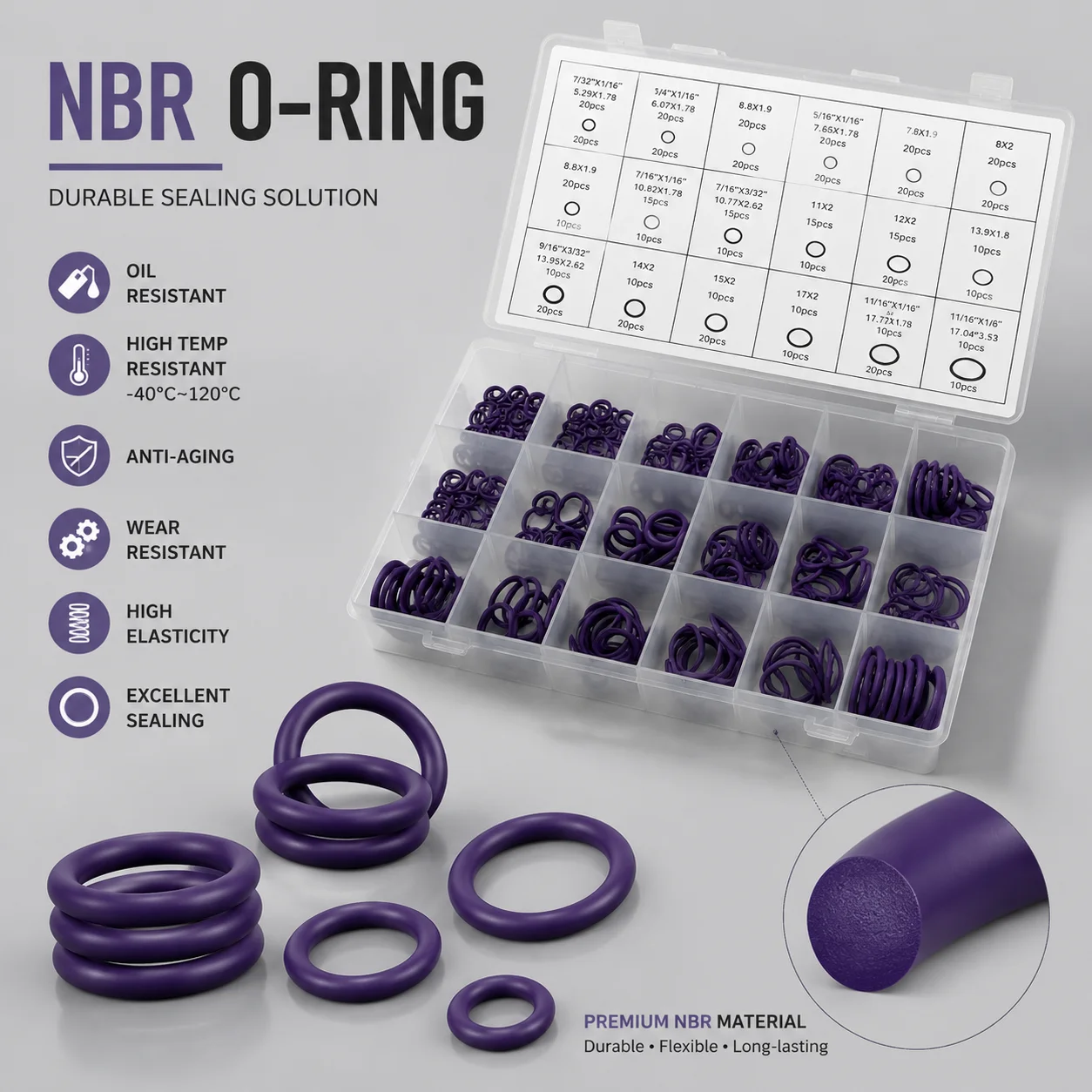 270 Pieces of Purple NBR Nitrile O-ring Box CS 1.78-3.53mm Outer Diameter 5.29-17.17mm Air Conditioning Pipeline Leak Proof