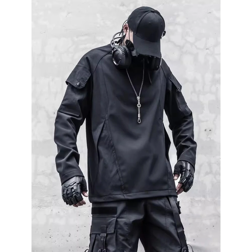 Men Functional Sweatshirt Techwear 2024 Winter Fashion Harajuku Patchwork Tactical Pullover Loose O-Neck Sweat Shirt Tops