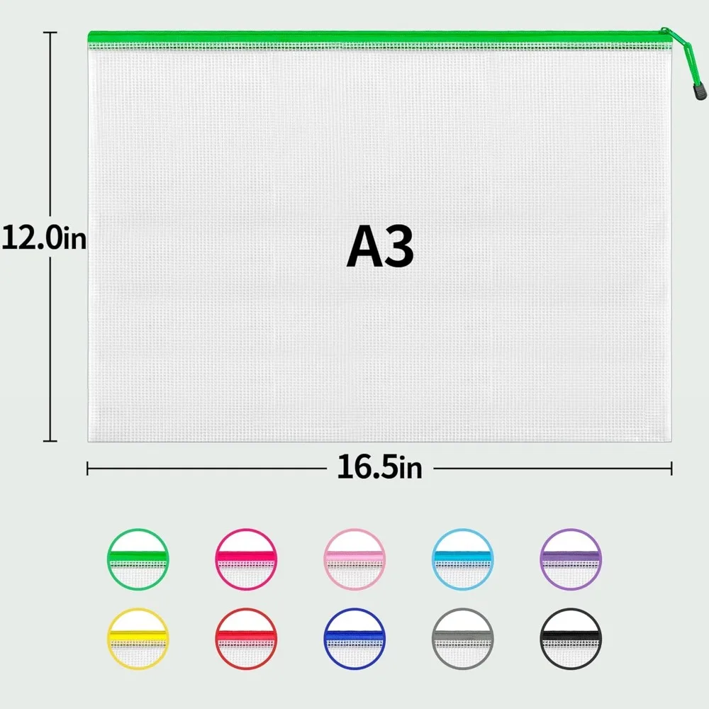 a3 (16.9x12.4 in, 12 pcs) mesh zipper pouch, 12 colors extra large zipper bags, waterproof file pouches for office supplies, pu