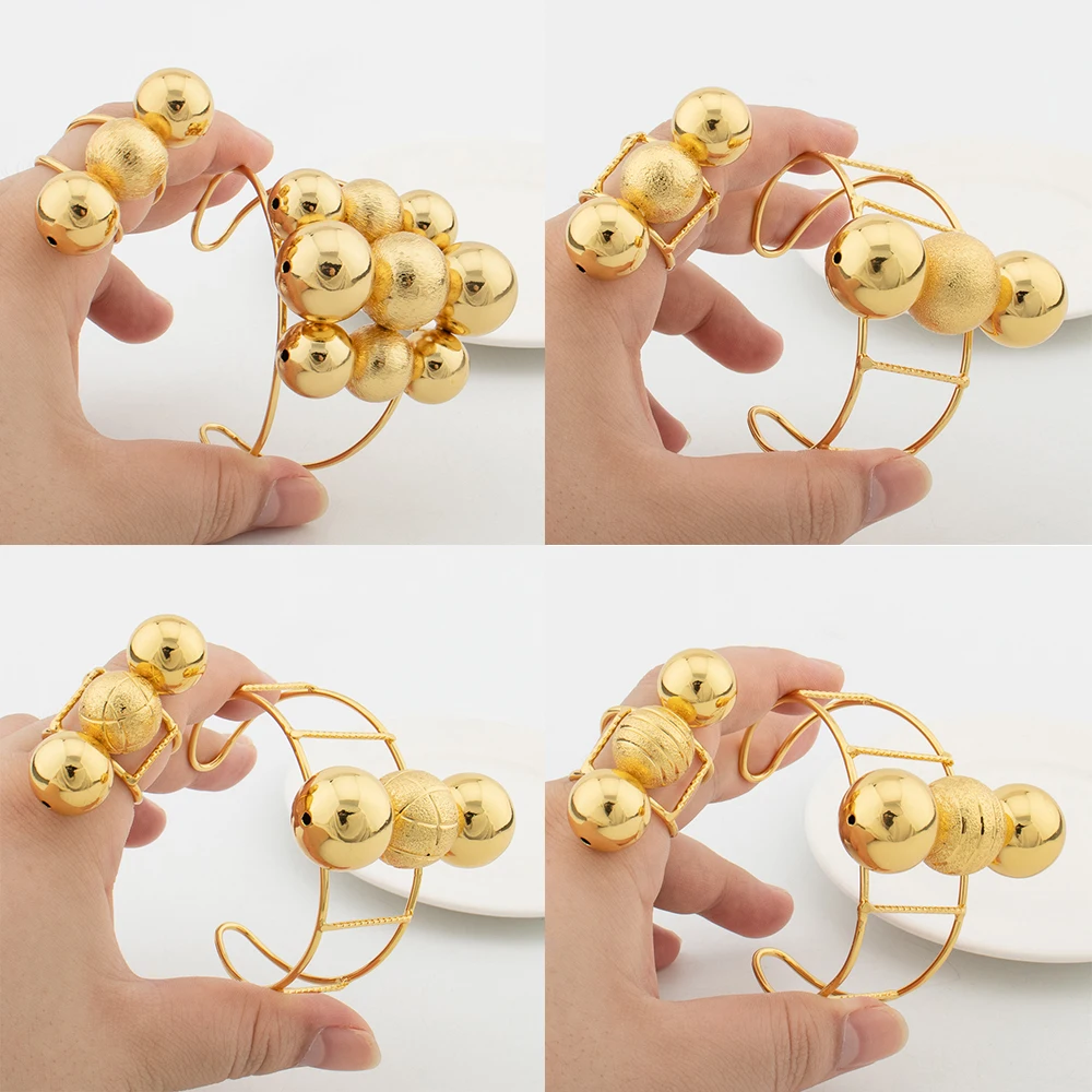 

Round Beads Bracelet Ring Woman African Bride Wedding Banquet Cuff Bangles Adjustable Ring Dubai 18K Gold Plated Jewelry Gifts