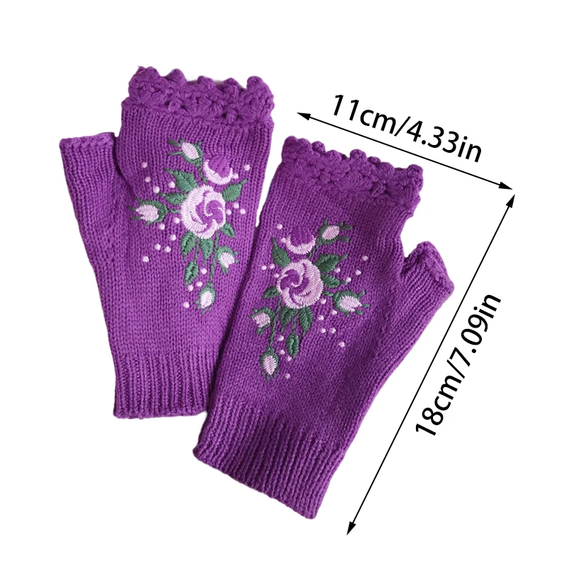 Bee Flower Embroidery Knitted Half Finger Gloves Soft Warm Handmade Autumn Winter Outdoor Women Mittens One Size