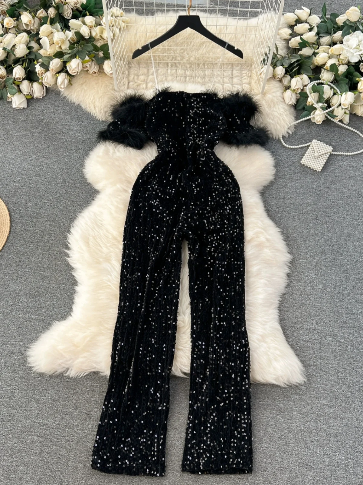 

Ele One-Piece Pantsuit for Women oulder Bared Sequin Slim Fit Long Pants High Waist Commute Sle Online Exclusive