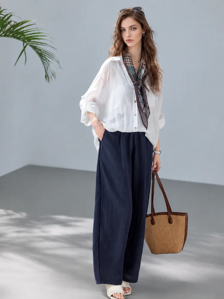 Women's Elastic Drawstring High Waist Linen Wide Leg Pants, Lightweight Breathable Casual Palazzo Trousers With Pockets