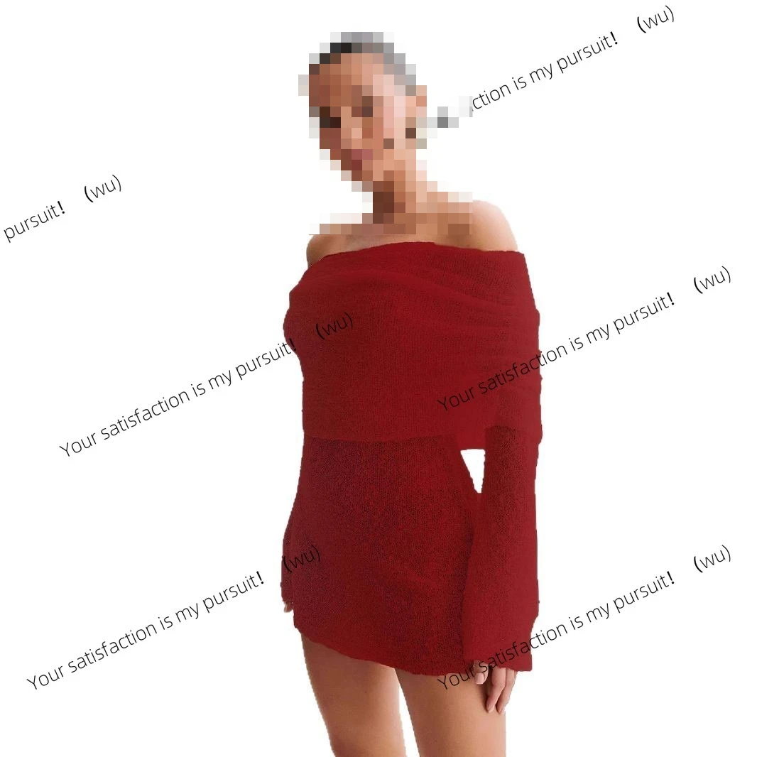 ヨーロッパとアメリカの女性向けニットウェア、ショートビーチスカート、セクシーな透け感のある長袖ショルダードレス