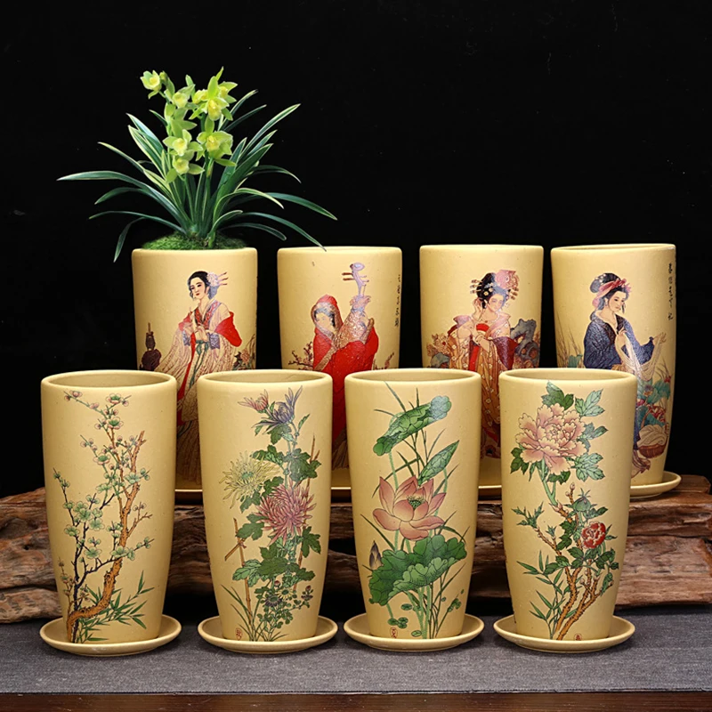 

Chinese Style Pattern Purple Sand Flower Pot Living Room Desktop Decoration Bonsai Vase Garden Gardening Planting Pot with Base