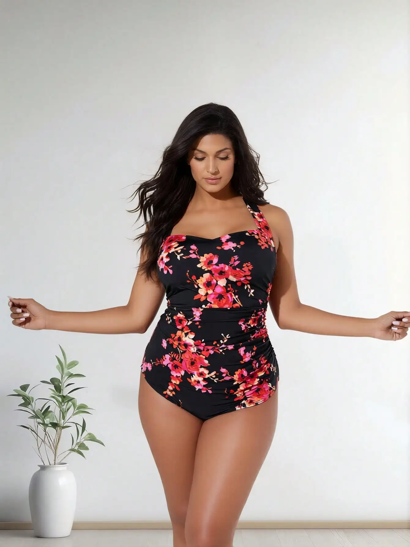 2026 New Plus Size Women's Black & Red Floral Halter Ruched One-Piece Swimsuit Tummy Control for Vacation view 3