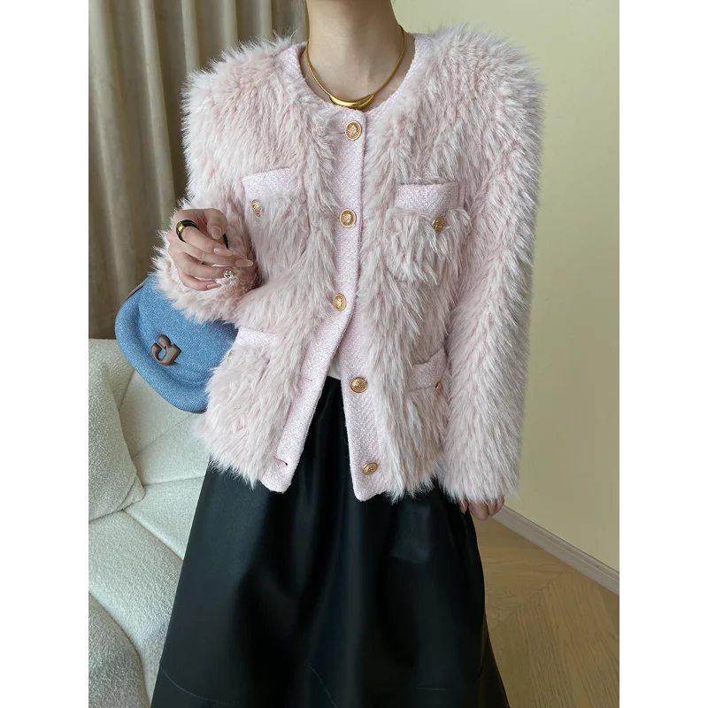 Luxury Fashion Fake Fur Women Coat Small Fragrant Tweed Stitching Fur Round Neck White Pink Black Female Coat Autumn Winter 1677