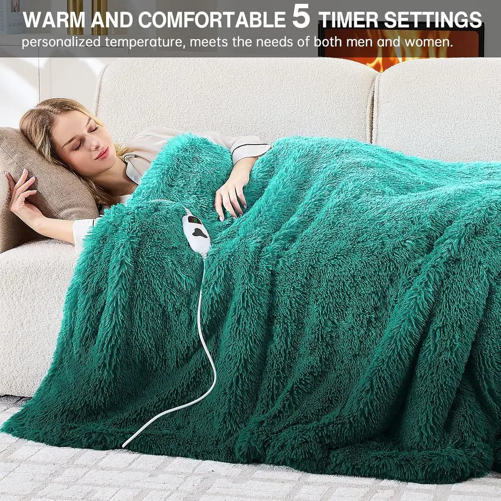 Электрическое одеяло из шерпа из искусственного меха — 10 нагрева и 5 настройков таймера, быстрое тепло, 50x60, лесной туман