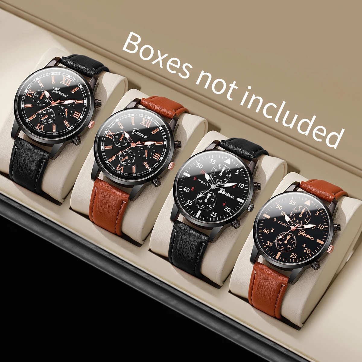 4PCs/Set Men's Watch Set Classic Unisex Fashion Casual Style Quartz Leather Watch Sport Style Business Watch Box not included