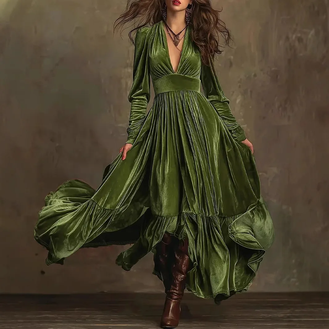 

New Retro Solid High Waist Pleated Velvet Dress Woman Sexy Deep V Neck Swing Long Dress Fall Winter Long Sleeve Loose Maxi Dress