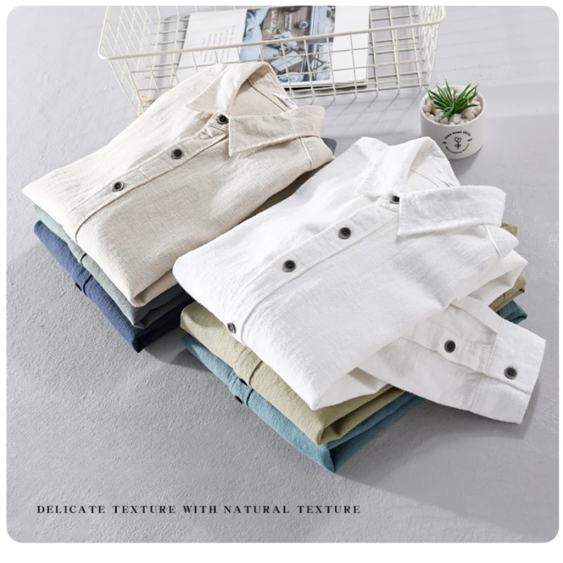 2024 Spring Autumn New Cotton and Linen Casual Long Sleeve Shirts for Men Clothing Solid Color Simple Soft Streetwear FY9798