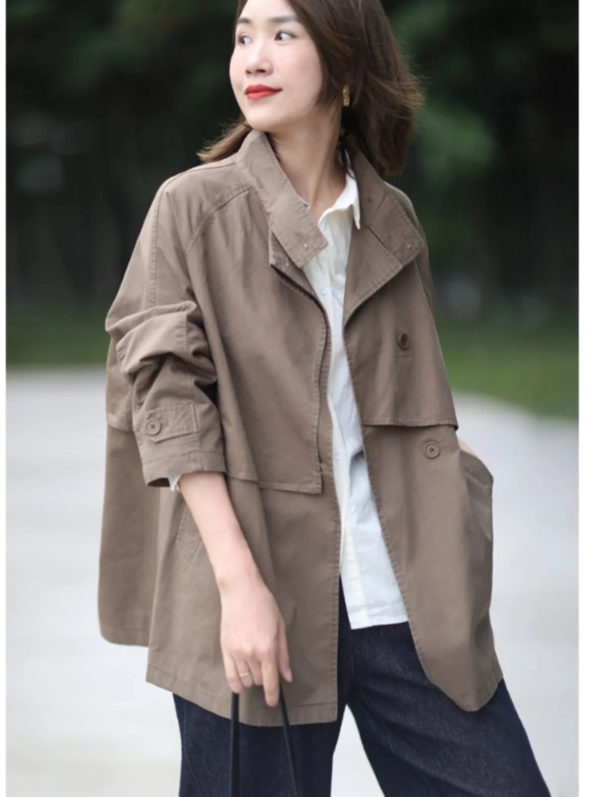 

Korean Sle Stand Collar Loose Women's Spring Autumn European Design Casual Slimming Open Cardigan Windbreaker Top