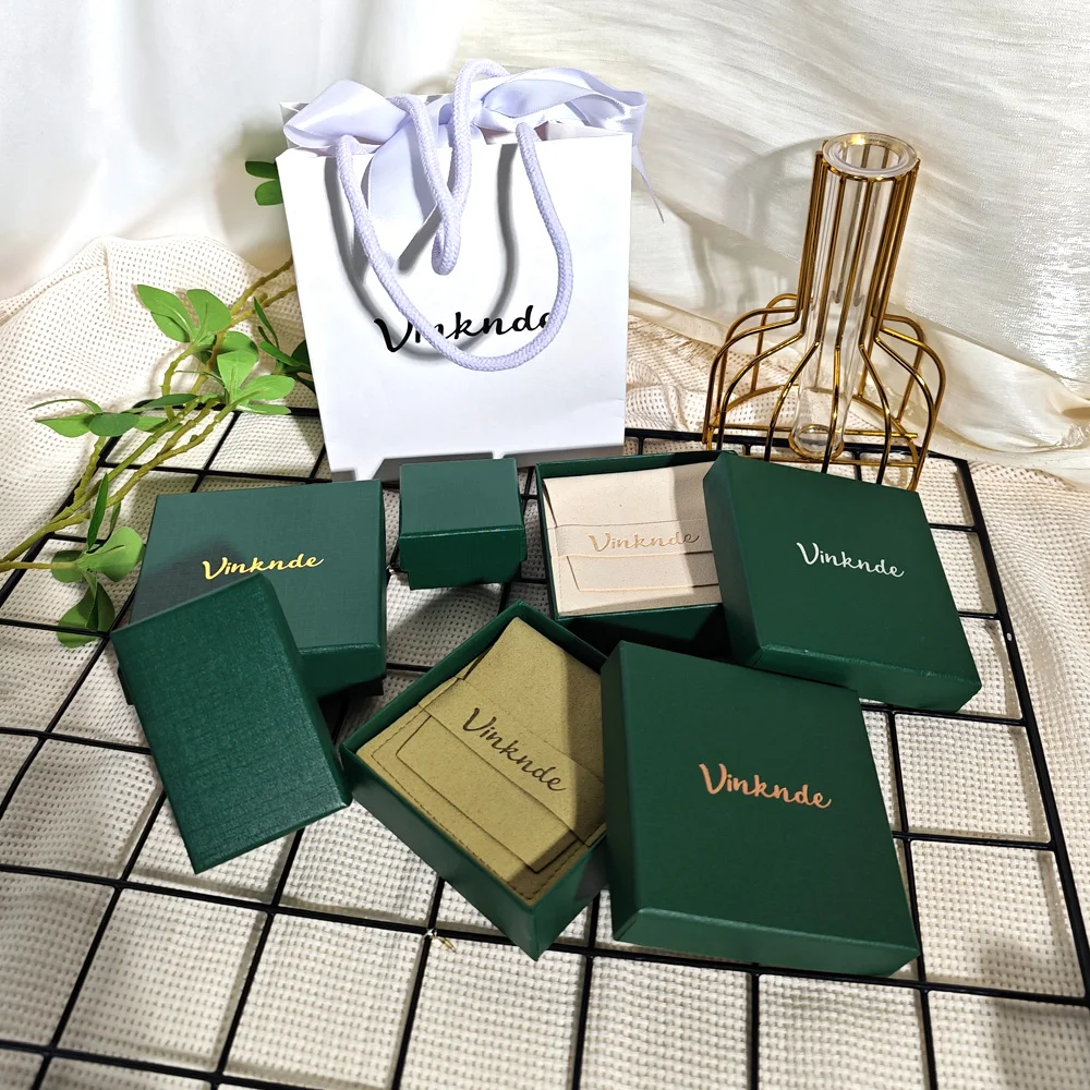 

Green Gift Box Custom Logo Earring Ring Necklace Jewelry Storage Boxes With Microfiber Suede Envelope Flap Pouches Mini Dust Bag