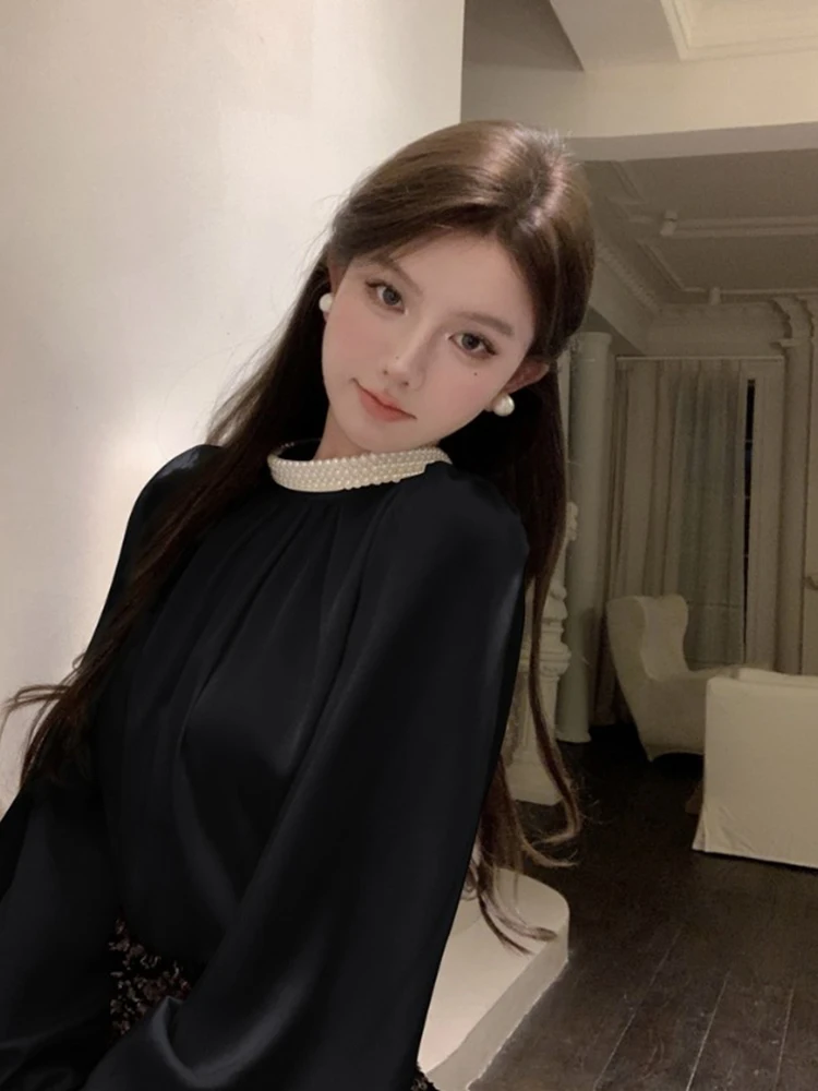 Vintage Satin finish Beads Women Black Shirt Elegant Fashion Stand Collar Long Sleeve Blouses Loose Lady Blouse Autumn Spring