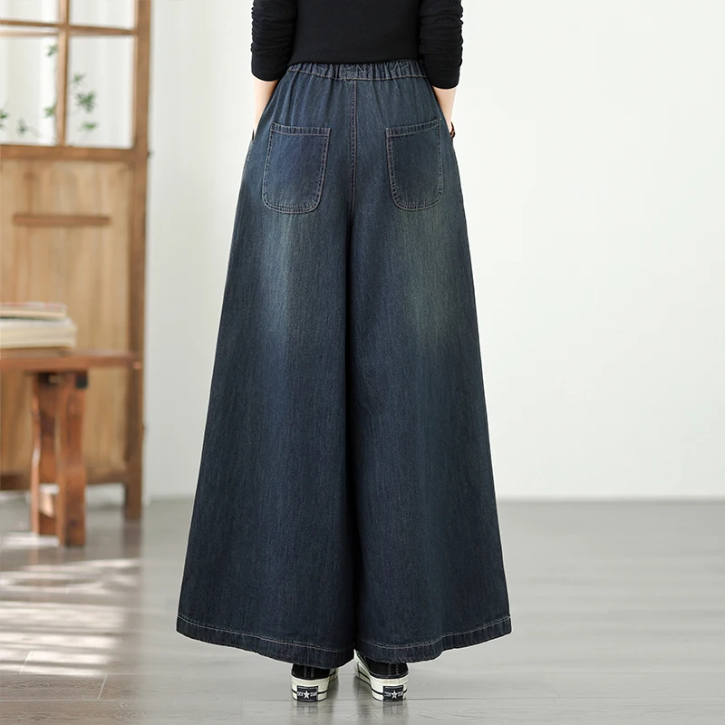 Damskie spodnie jeansowe oversize na jesień, z kwiatowym haftem, modne, luźne, z szerokimi nogawkami, elastyczna talia.