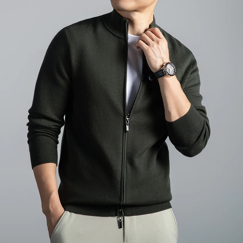 Thick Men Sweater Cardigan Autumn Winter Classic Stand Collar Warm Knit Jacket Long Sleeve Trendy Zipper Sweater Wool Blend Coat
