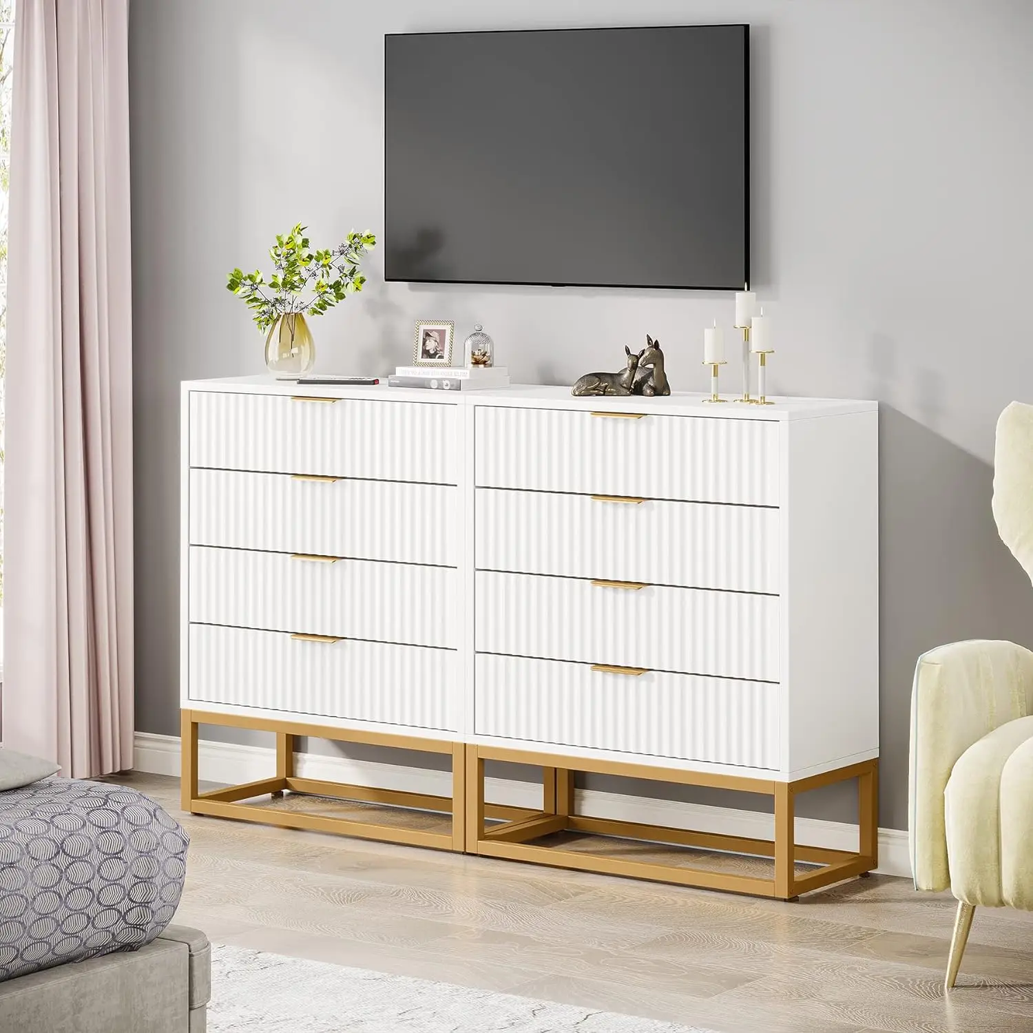 Peito de 8 gavetas, cômoda moderna para quarto, cômoda de armazenamento de ouro branco para corredor e armário