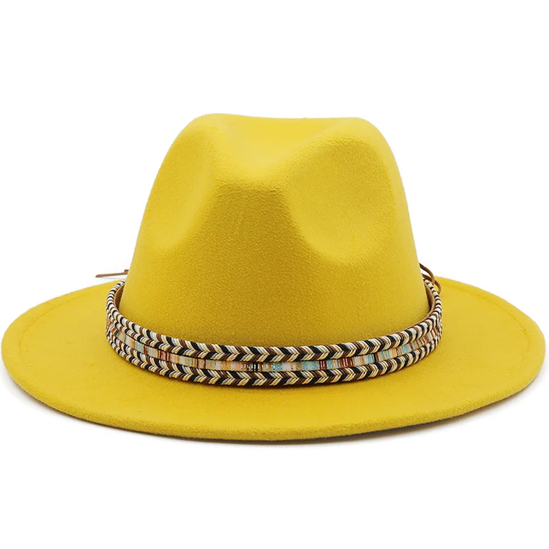 Donne uomini cappello di lana Fedora con cuoio nero gentiluomo elegante signora inverno autunno a tesa larga Jazz chiesa Panama Sombrero Cap