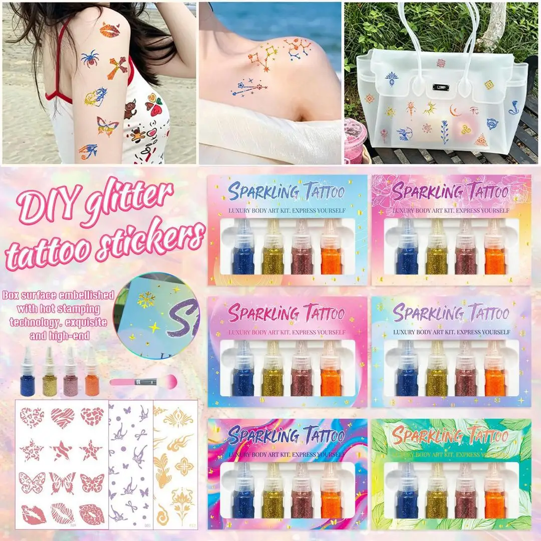 B New Temporary Tattoo Set DIY Kit 4 Bottles Glitter Powder 6 Sheets Temporary Tattoo Set Beach Party Festival Makeup
