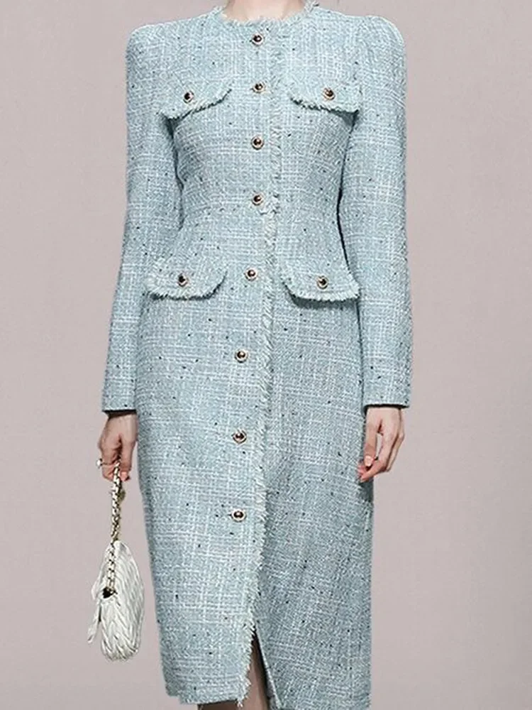 Women\'s Dresses Winter Long Sleeves Luxury O-Neck Tassel Single Breasting Tweed Dress Korean Blue Elegant Slim Dress