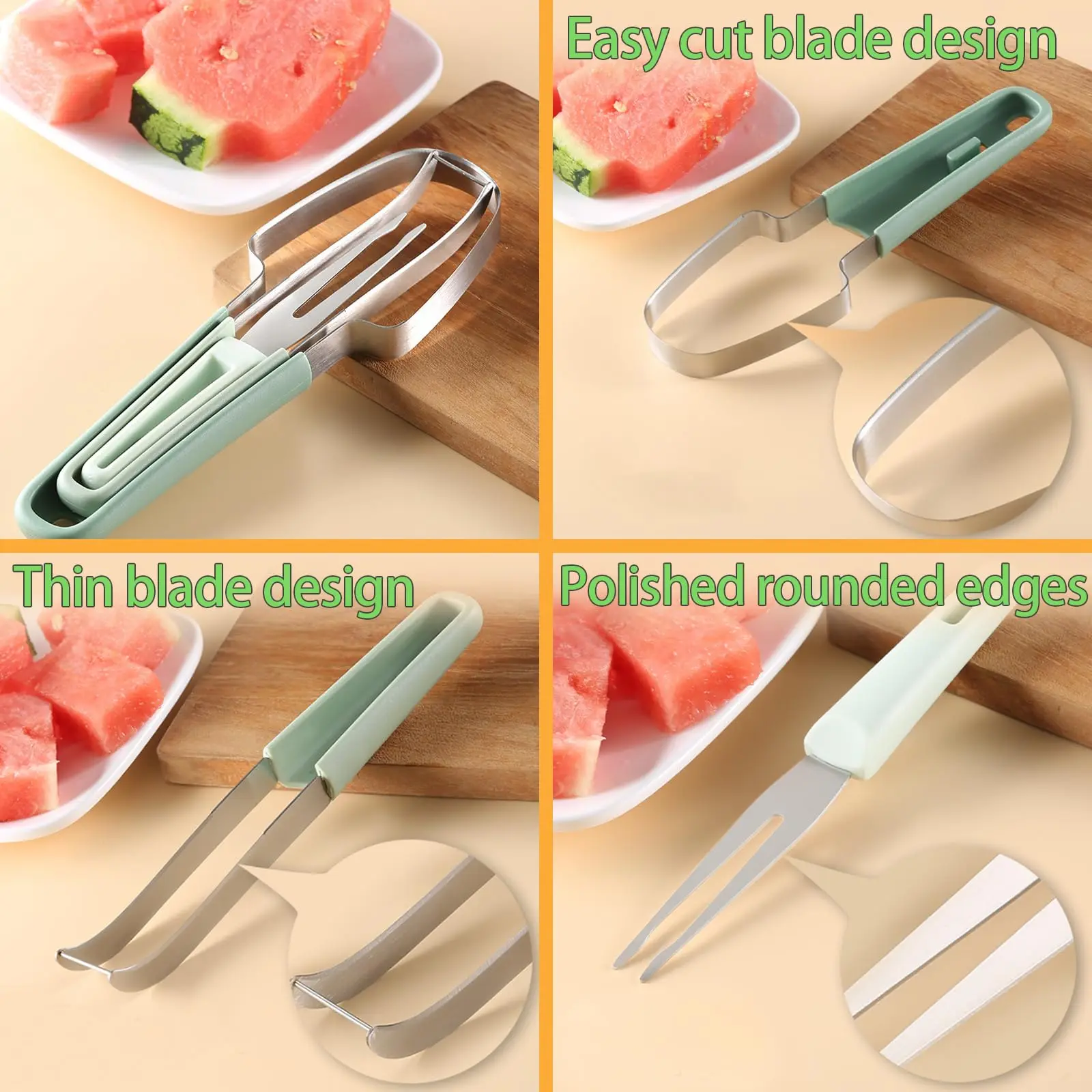 3 in 1 Watermelon Fork Slicer Cutter Stainless Steel Fruit Cutting Tool Watermelon Fork Slicer Knife Set for Home Kitchen Gadget