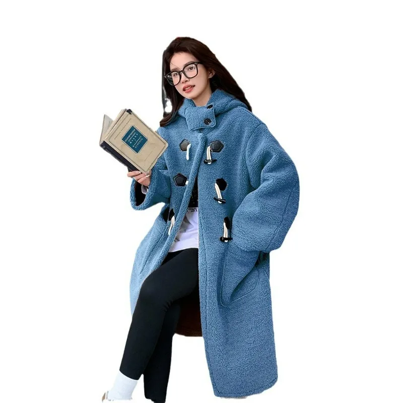 New Autumn Winter Environmentally Friendly Lamb Wool Coating Fur Coating Women's Knee Medium Long Hooded Fashion Exquisite Trend