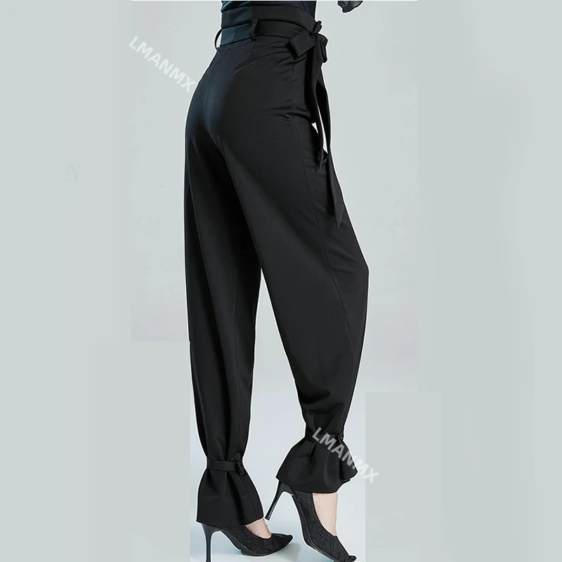 Rosa schwarz moderne Tanzhose für Frauen neue Ballsaal Latin Tanzhose hohe Taille flattern Gürtel Leggings lose Übungs kleidung