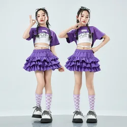 Girls Summer Streetwear Children Hip Hop Crop Top Purple Tiered Skirts Clothes Sets Teenagers Kids Street Dance Jazz Costumes