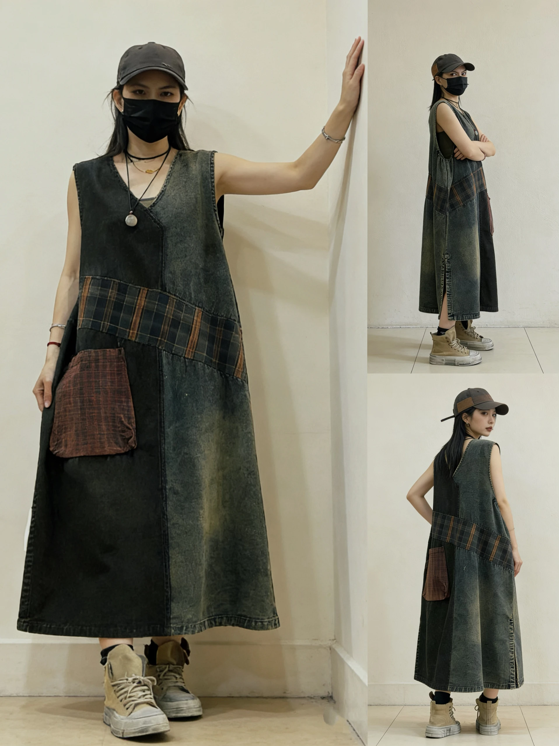 

Retro Patchwork Denim Vest Skirt Women's Loose Casual Front Back Two-Way Wear Skirt High Waist A-Line Cotton Denim Dress