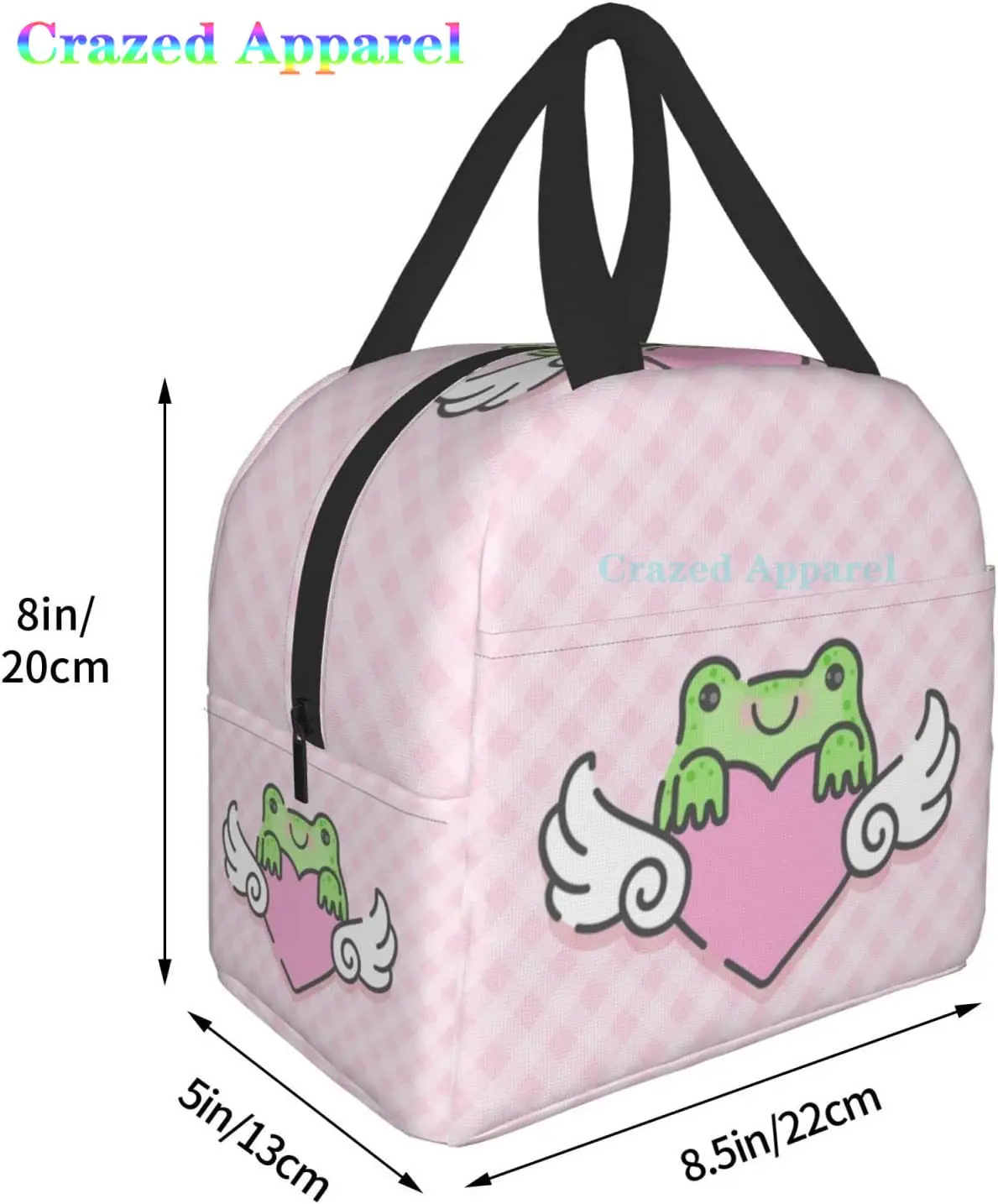 Pequeno Sapo Lancheira com Impressão Coração Alado, Pequeno Isolamento Kawaii Lunch Bag, Saco de Comida Reutilizável, Recipientes Sacos