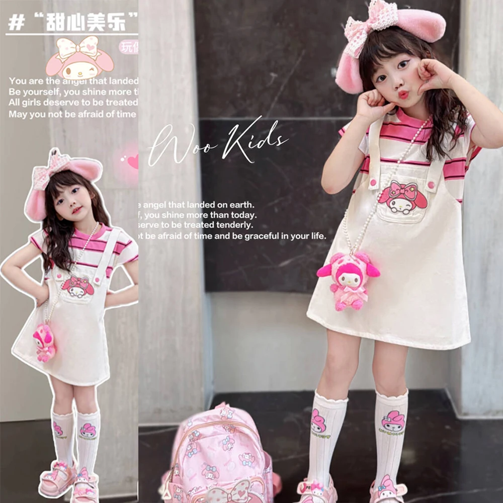 Melody Anime Girls Fake Two-Piece Strapless Dress Sanrios Cinnamoroll Kawaii College Style New Summer A-Line Skirt Sweet Dress