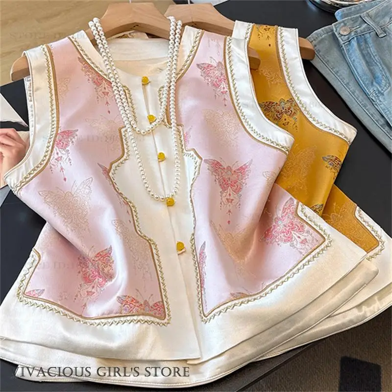 

Lady Chinese Style Tang Costume Top Qipao Vest Retro Jacquard Butterfly Hanfu Waistcoat Tradition Blouse Jacket Outwear Big Size