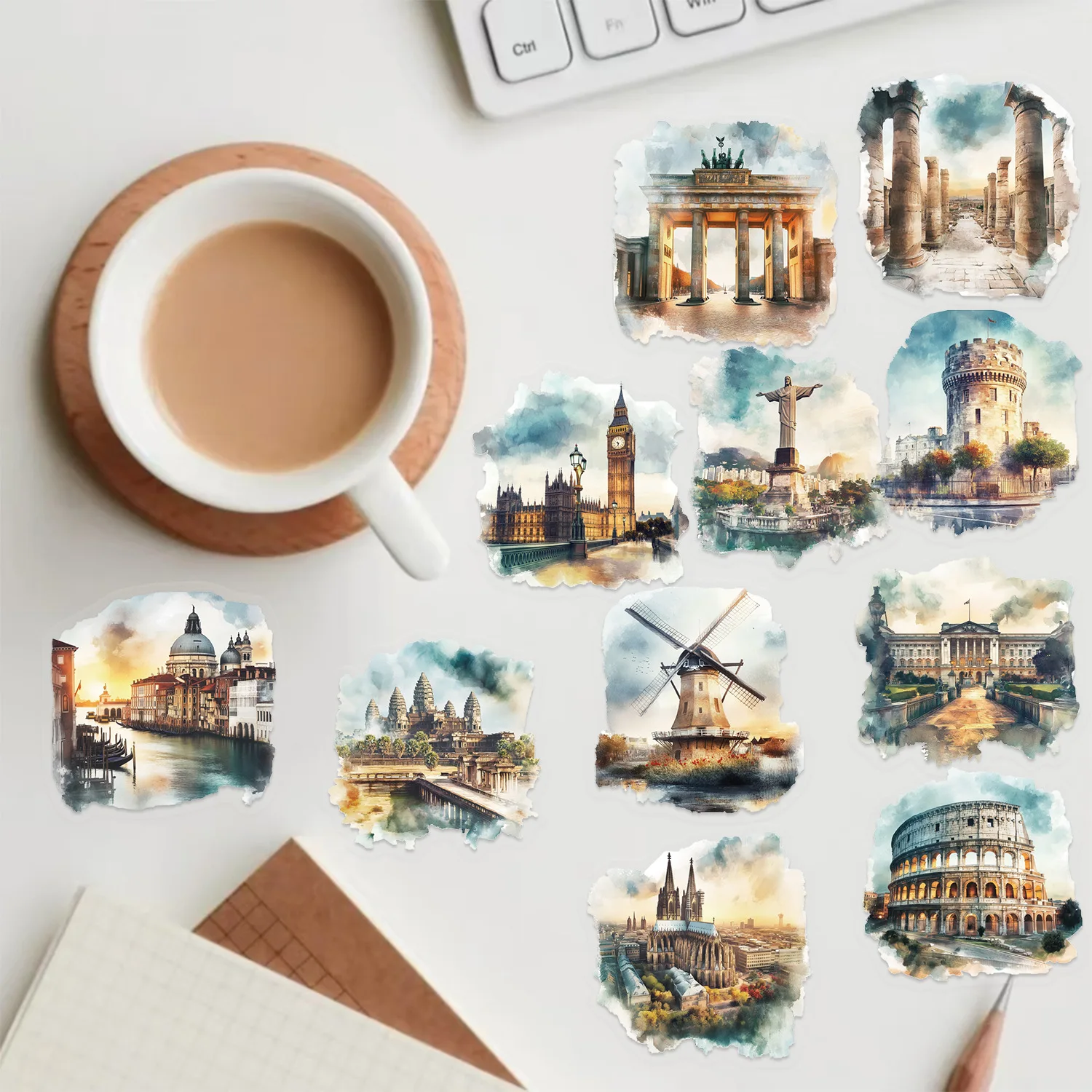 50 pezzi architettura in tutto il mondo stile retrò torre di Parigi PET custodia decorativa per cellulare tablet per computer adesivo impermeabile giocattolo per bambini