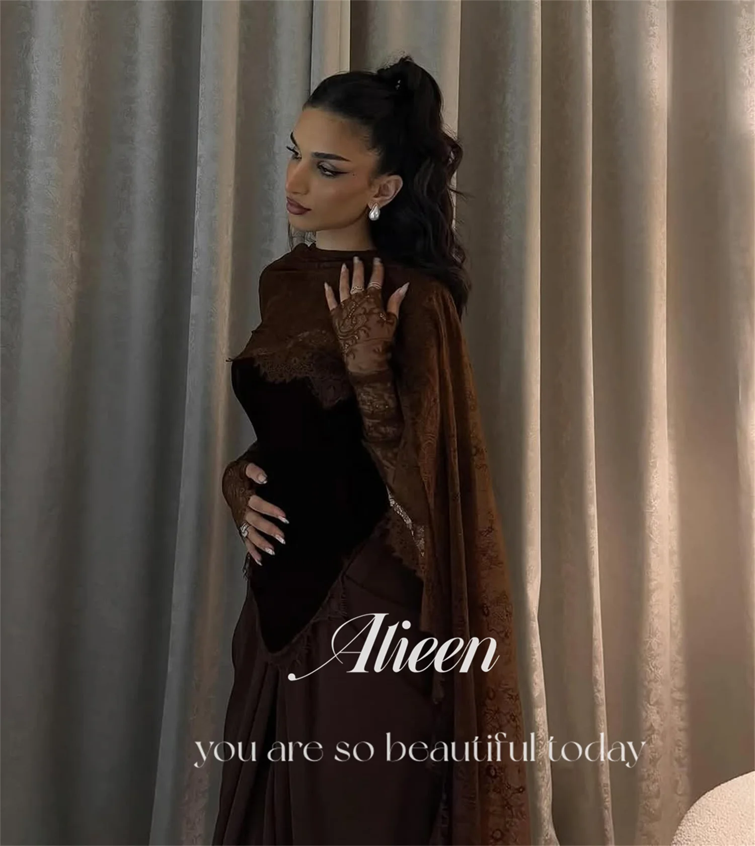 Aileen Vestidos De Noche Luxury Prom Dresses 2025 Brown Shawl Women's Evening Party Dresses for Special Occasions Lace Grace image 3