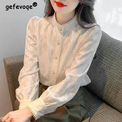 Neue Frauen trend ige Vintage schicke Spitze Perlen Knopf Hemden Herbst Winter lässig solide süße Blusen weibliche Langarm elegante Tops