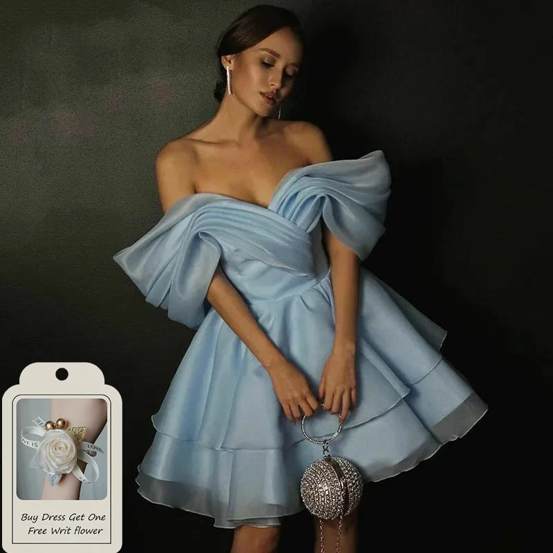 

Smileven Sky Blue Prom Dress Off The Shoulder Organza Party Gowns Midi Tea Length Formal Pleats Evening Dress 2024 Customized
