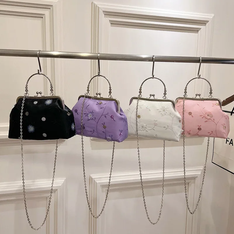 Vintage Women Small Shoulder Bag Chain Messenger Bags Lock Design Embroidered Handbags Brand Female Purple White Pink Shell Clip