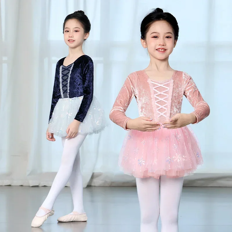 Girls Ballet Leotards Long Sleeve Dance Tutu Dress Kids Child Velvet Ballet Bodysuit with Tutu Skirt Snowflake Sequins Outfits