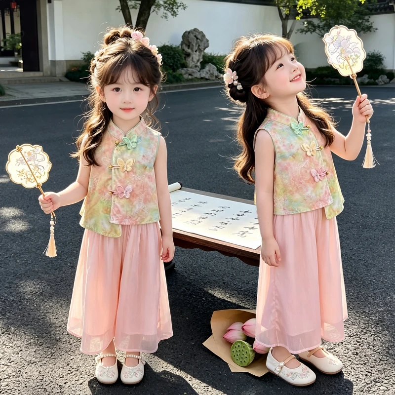 Children's Girls Summer 2-piece Set New Chinese Jacquard Sleeveless Top Wide Leg Pants Set Retro Hanfu Preschool Girls 2 Colors