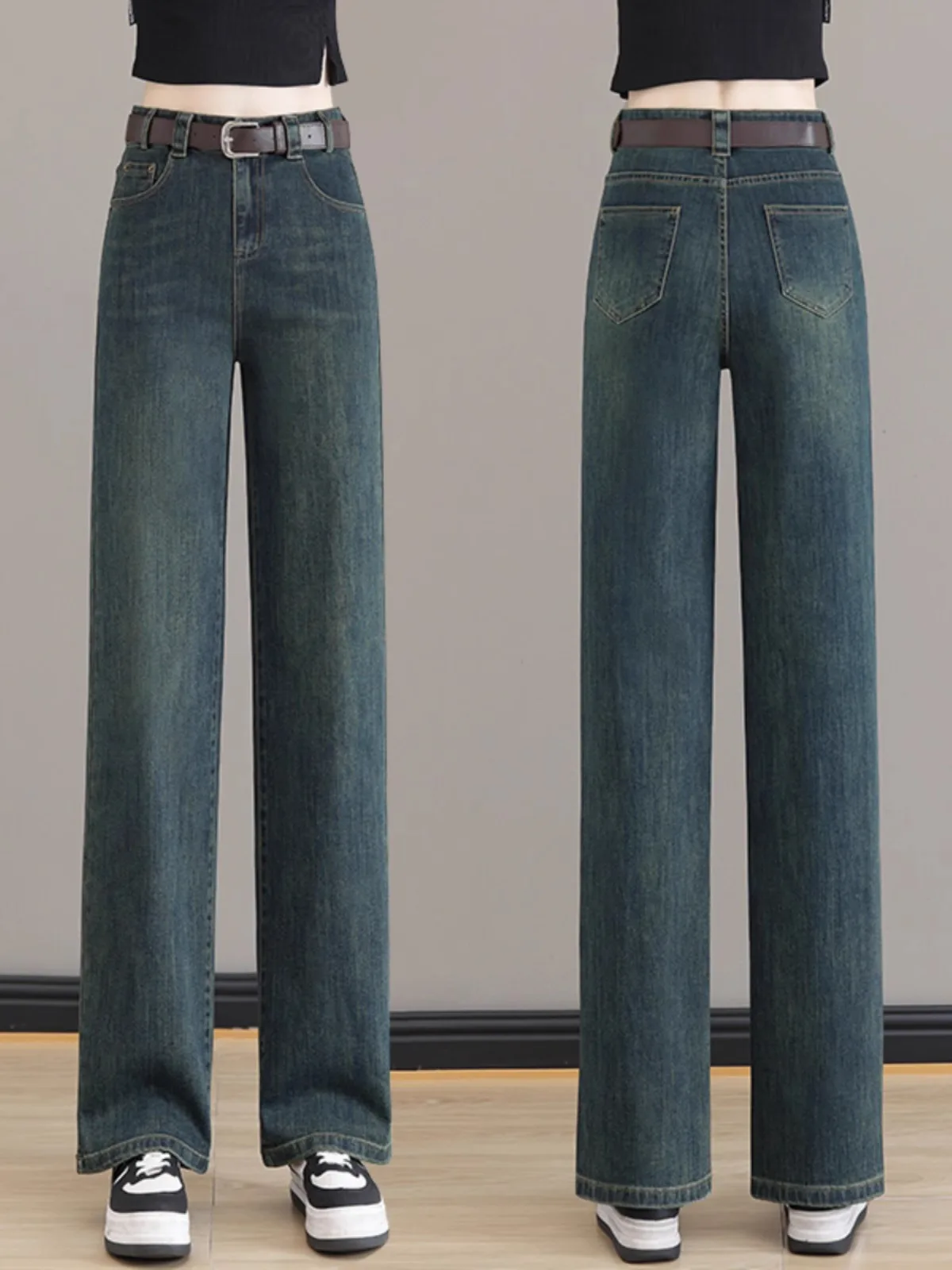 

Женские джинсы-клеш в стиле ретро, прямого кроя, с высокой талией, свободные, удлиненные, повседневные, из хлопкового стрейч-денима