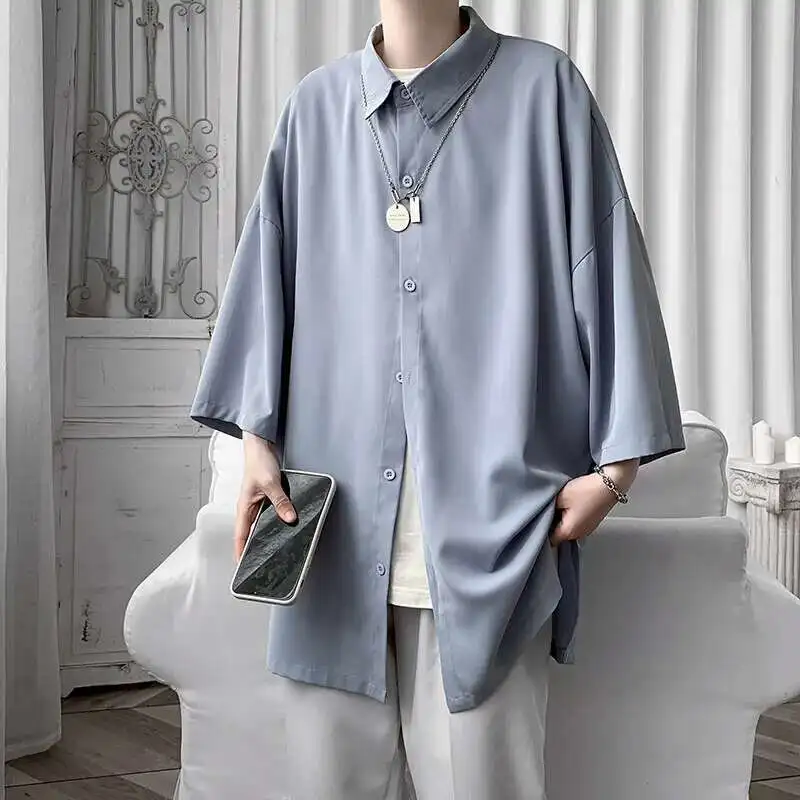 Summer Short Sleeved Shirt Men Fashion Society Mens Black Dress Shirt Korean Loose Ice Silk Shirts Mens Oversized White Shirt