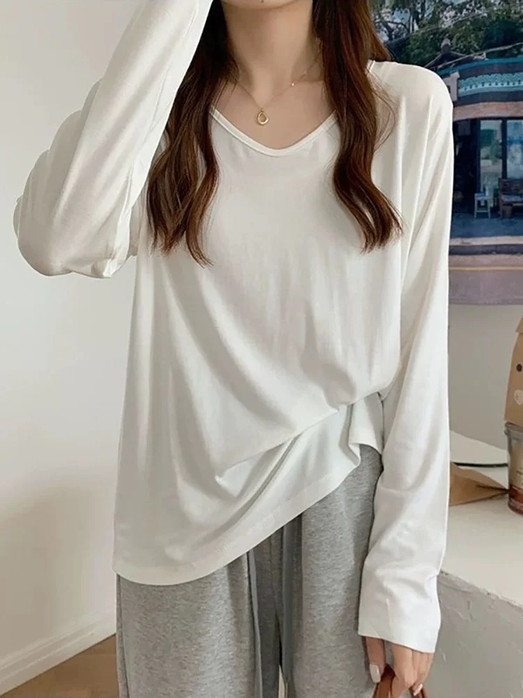 

Свободная хлопковая футболка Long Sve V-Ne, женская базовая футболка больших размеров, удобное нижнее белье, топ Lazy Sle для всех сезонов