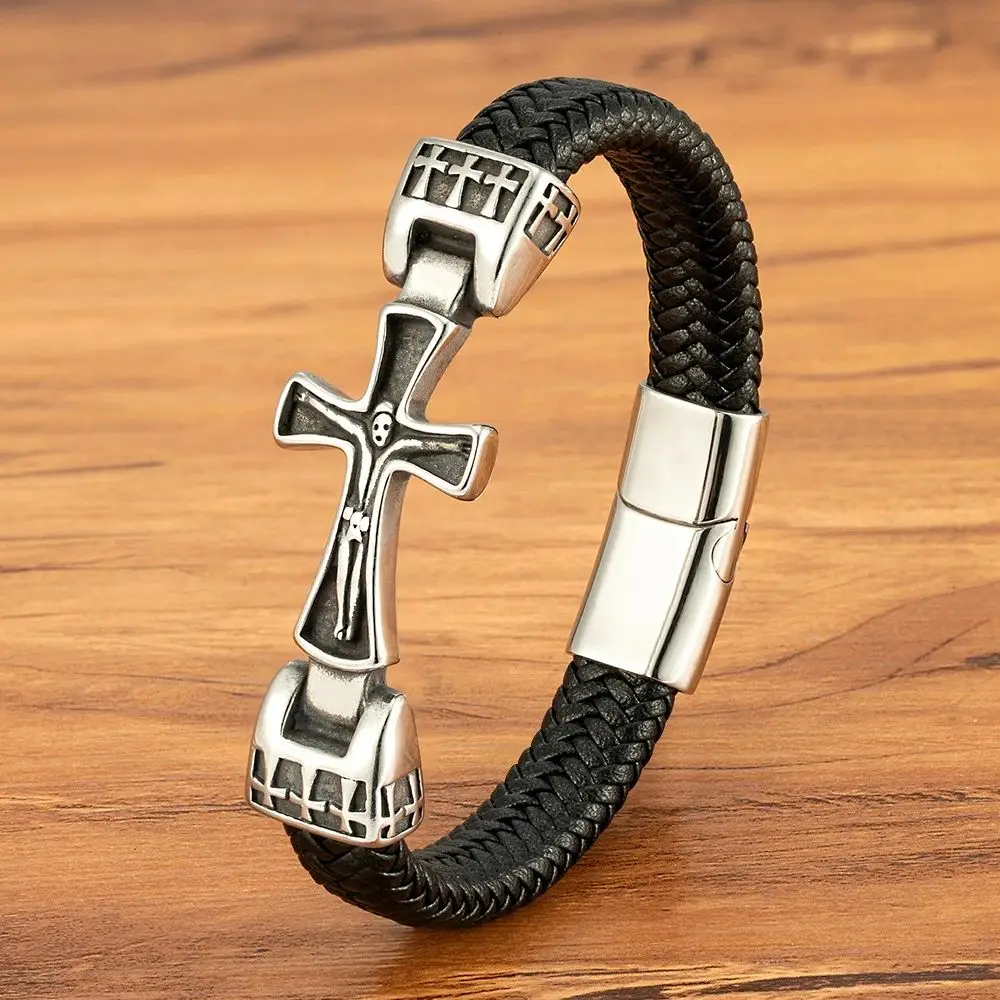 XQNIBlackLeatherMagneticBraceletCrossDesignMatureandStableandElegantGivingTheBestGiftforMenBangleJewelry-AliExpress