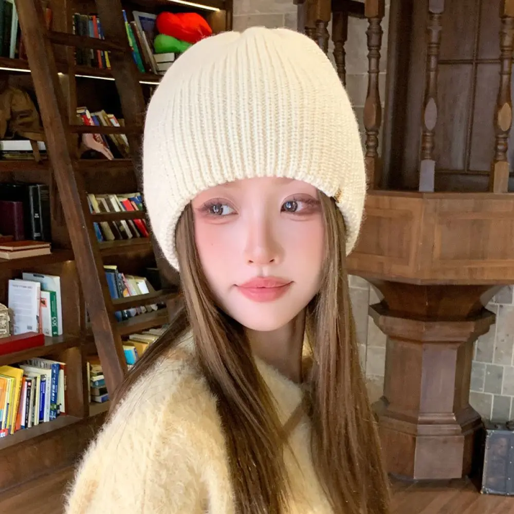 Casual Fashion Knitted Beanie Hat Women Slouchy Warm Cap Autumn Winter Soft Woolen Headwear Solid Color Ear Protection