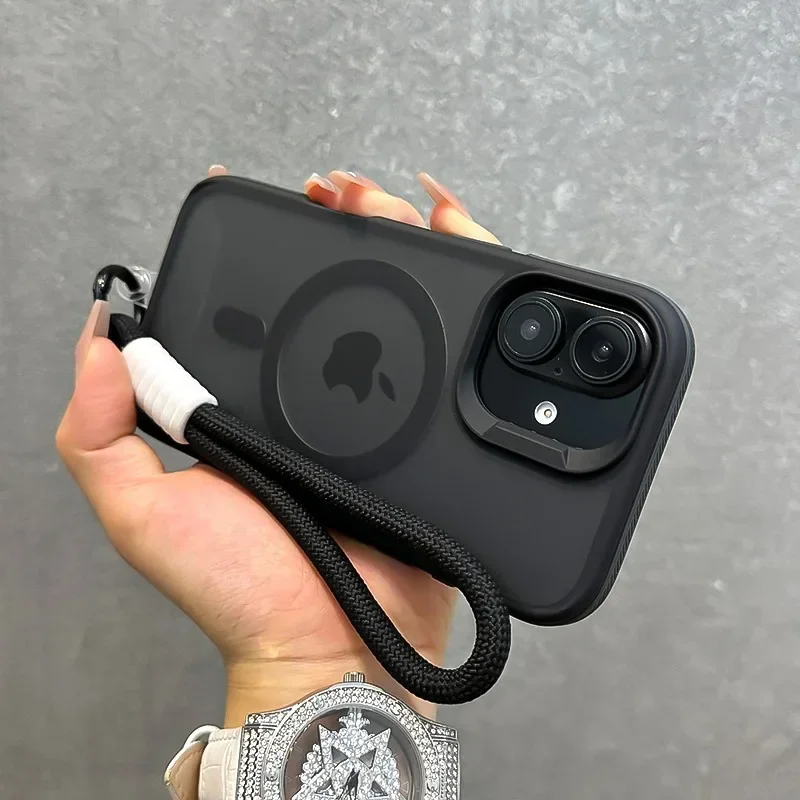 for Magsafe Double Color Wrist Strap Case for iPhone 16 15 14 17 Pro Max Air Plus 13 12 Lanyard Matte Magnetic Shockproof Cover - náhled 4