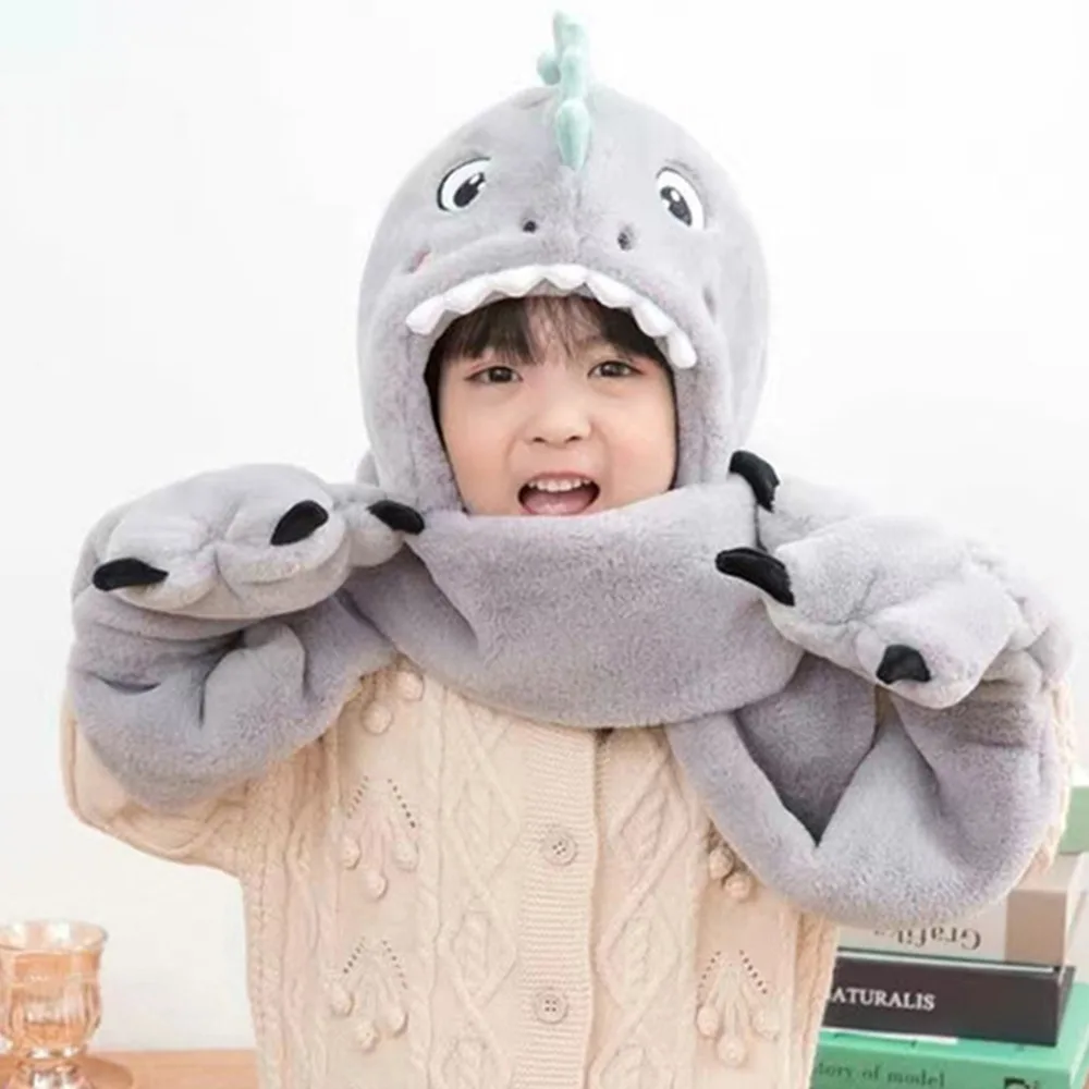

Fashion Faux Fur Hats Scarf Set Dinosaur Thick Warm One-Piece Beanies Cap Windproof Neck Protection Hooded Scarf Gloves Winter